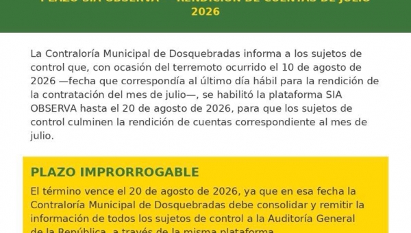 AVISO A LOS SUJETOS DE CONTROL - PLAZO SIA OBSERVA RENDICIÓN DE CUENTAS DE JULIO 2026